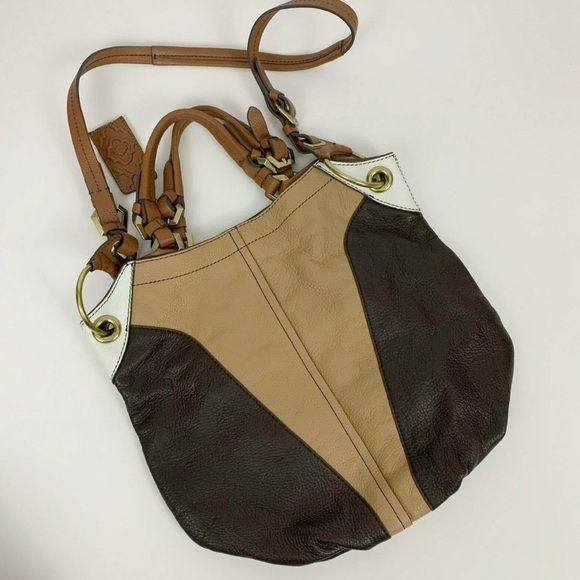 OrYANY Victoria Large Hobo Bag Purse Pebble Leather Colorblock Brown Tan White - Picture 1 of 6